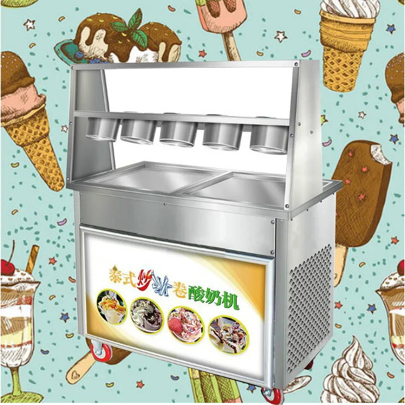 Commercial fried ice machine 220V desktop disc fried ice cream machine stainless steel ice yogurt roll two pots and five bowls