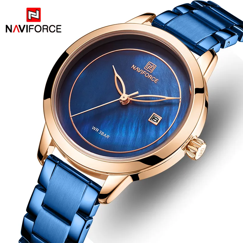 Kobiety oglądają NaviForce ze stali nierdzewnej Lady Wristwatch Fashion Waterproof Ladies Watches Prosty Blue Girl Clock Set na 339J