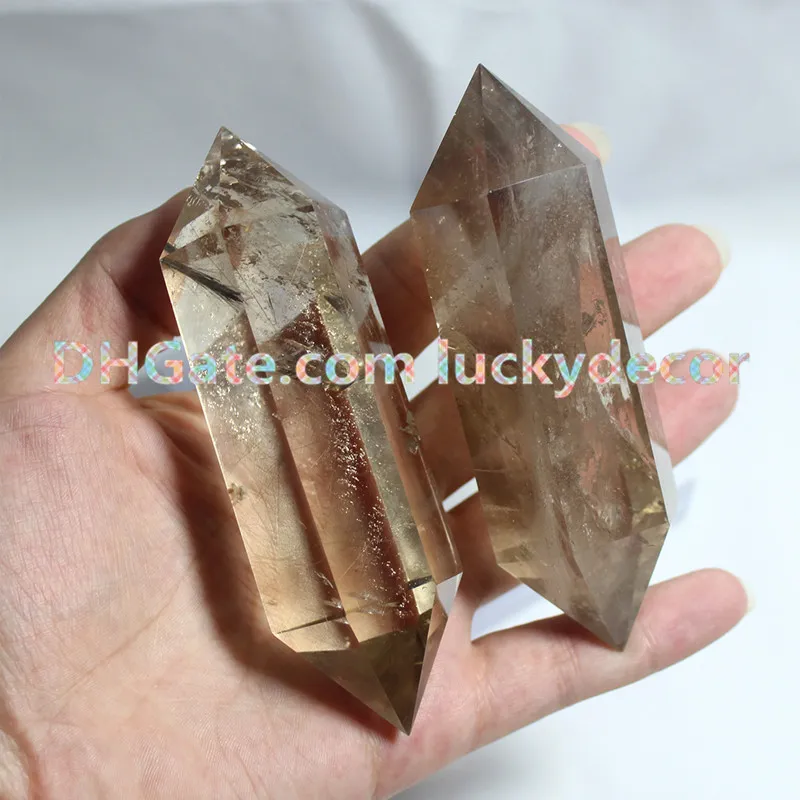 5 stks Grote Dubbele Terminated Smoky Quartz Healing Magic Grid Potlood Punt Gemstone Crystal Gesneden Gepolijst Faceted Natuurlijke Smokey Stone Wand