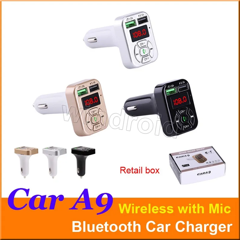 Auto A9 Multifunctionele Bluetooth-zender 3.1A Dual USB Auto Charger FM MP3-speler Auto Kit Ondersteuning TF-kaart Handsfree + Retail Box Goedkoopste