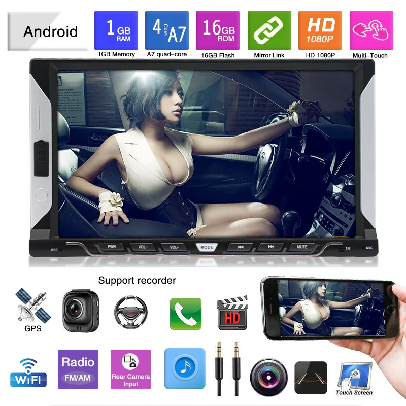 Car 7 pouces 2 Din Radio Bluetooth HD 1024x600 MP5 Universal Machine Car Stereo Navigation GPS intégré pour Android 8.1