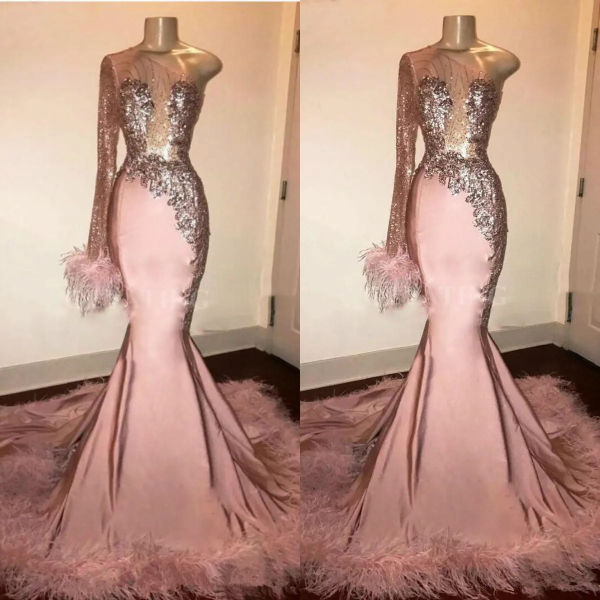 Glitter lantejoulas manga comprida sereia rosa menina preta vestido de baile com penas treinar um ombro África formal vestidos de noite