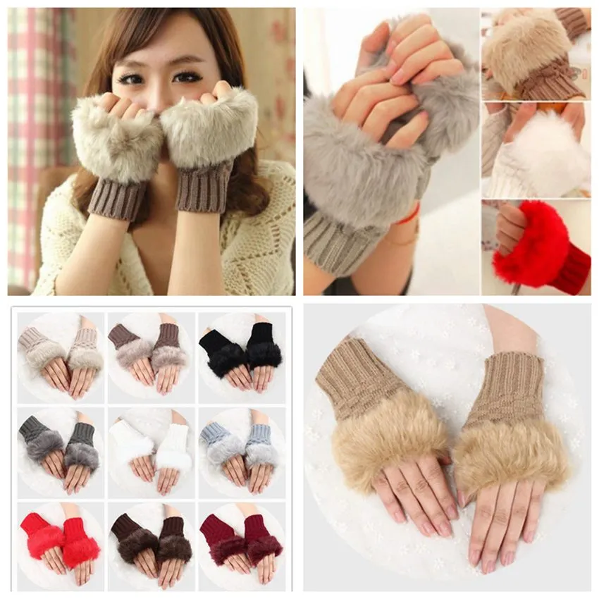 Women Girl Knitted Faux Rabbit Fur Gloves Mittens Winter Arm Length Warmer Outdoor Fingerless Gloves Colorful Christmas Gifts ZZA1329 120PCS