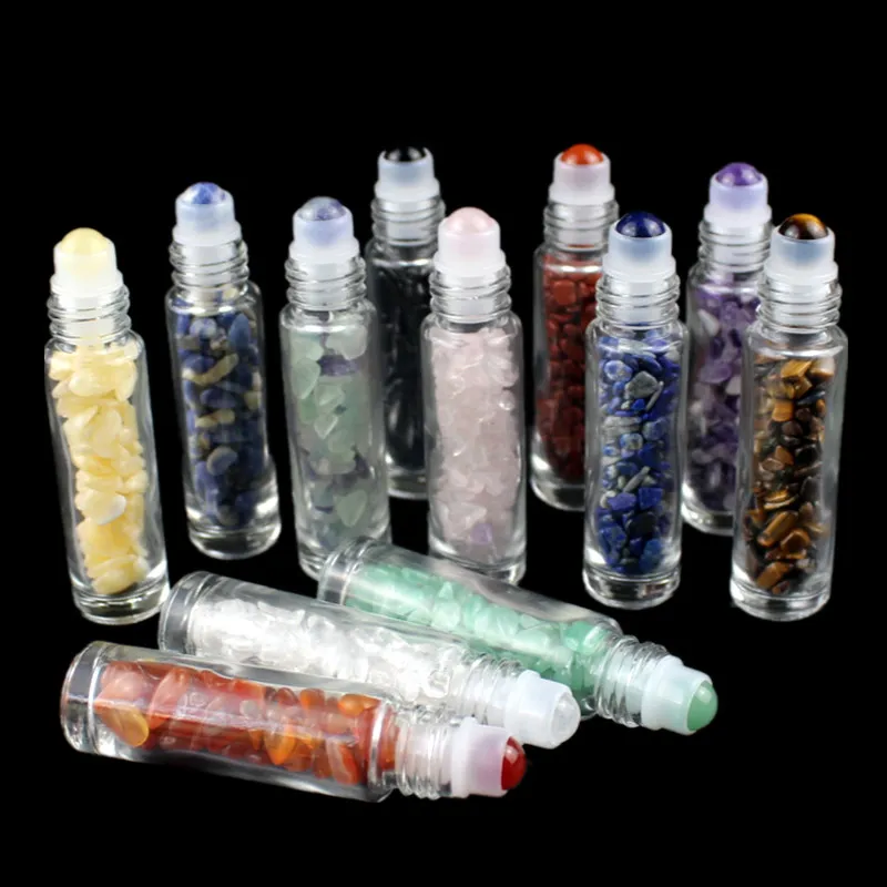 Bouteilles à bille à roulettes pour huiles essentielles et pierres précieuses naturelles, parfums transparents, liquides, à rouler avec des éclats de cristal, 10ml