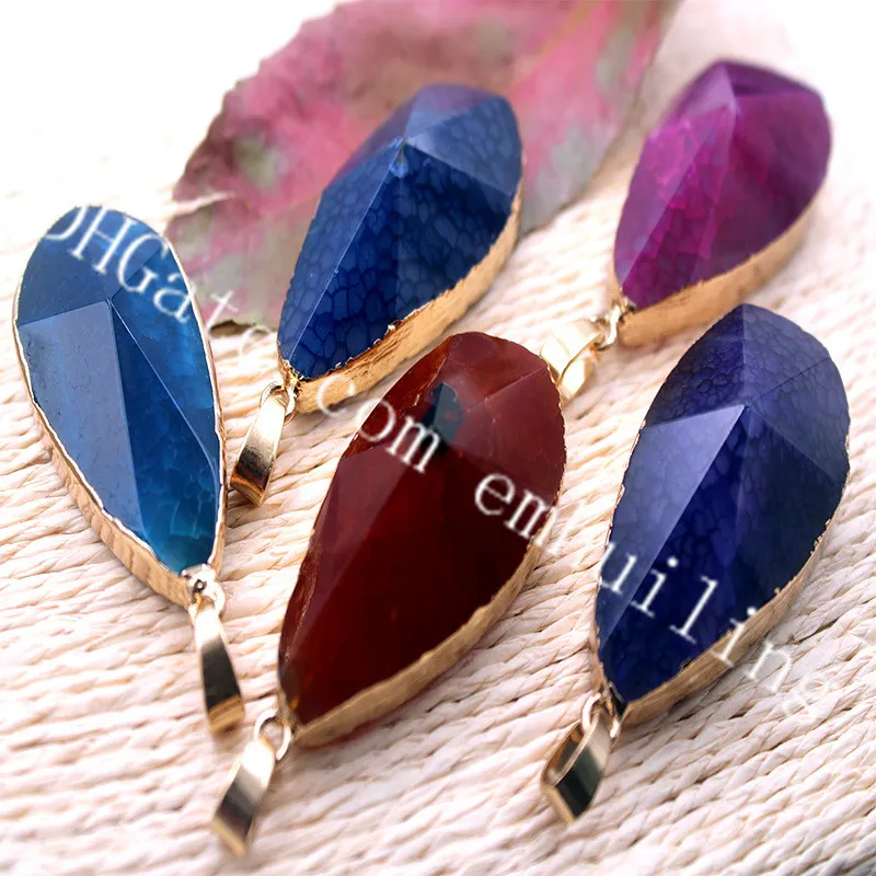 10Pcs Amazing Rare Design Hand Cut Polished Faceted Agate Stone Pyramid Pendants Gold Plated Framed Agate Water Drop Point Pendant Jewelry