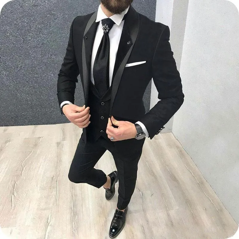 High Quality One Button Black Wedding Men Suits Shawl Lapel Three Pieces Business Groom Tuxedos (Jacket+Pants+Vest+Tie) W1071