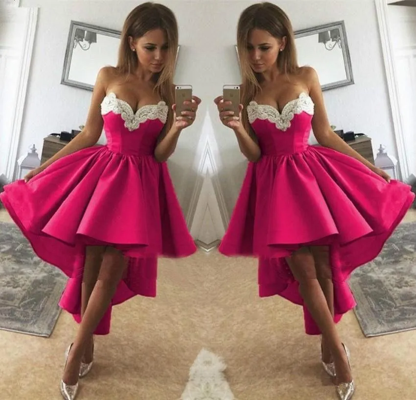 DHgate Cheap Simple Short Prom Dresses White Satin Ruched High Low Homecoming Dress with Applique Wedding Party Events