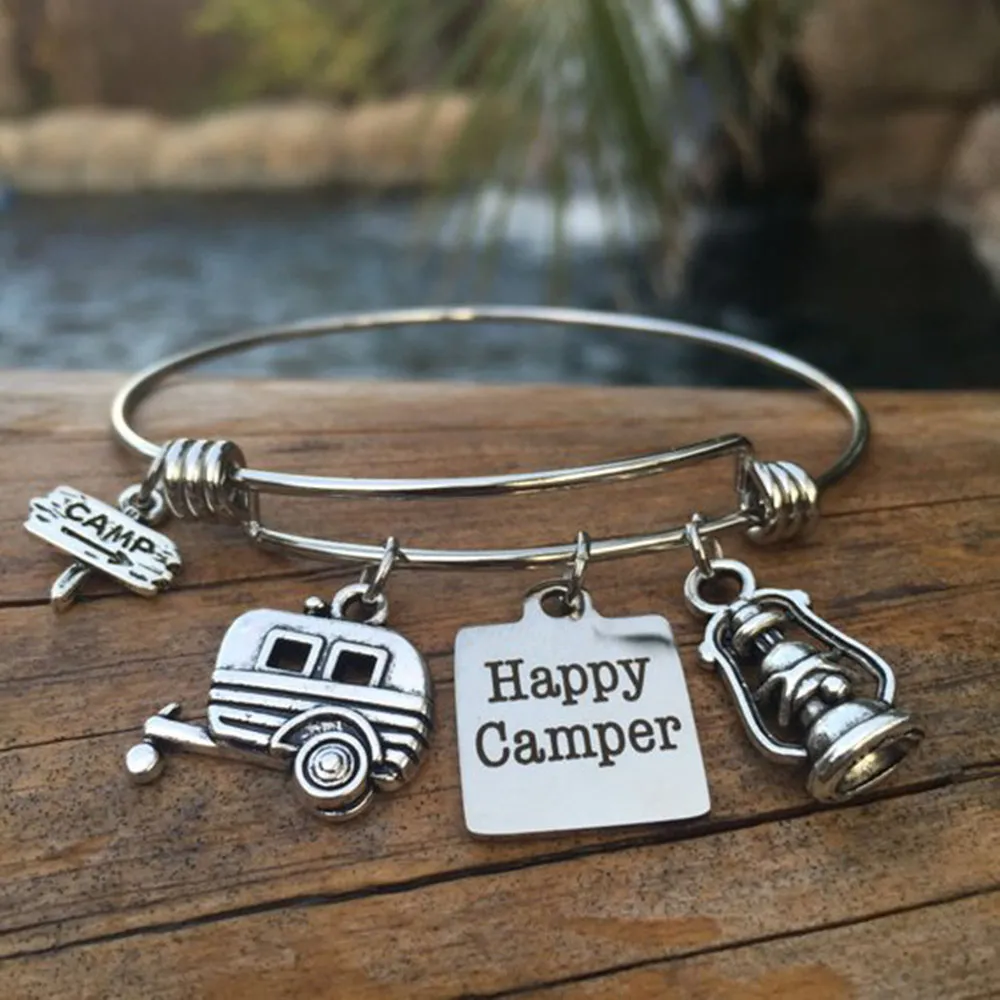 8pcs lot Happy Camper Bracelet camping gift RV travel trailer charm Stainless Steel adjustable bangle glamping jewelry gift335c