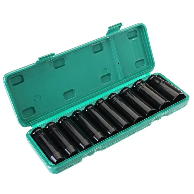 Freeshipping 10st 8-24mm 1/2 tums Drive Deep Impact Socket Set Heavy Metric Garage Tool för Wrench Adapter Hand Tool Set