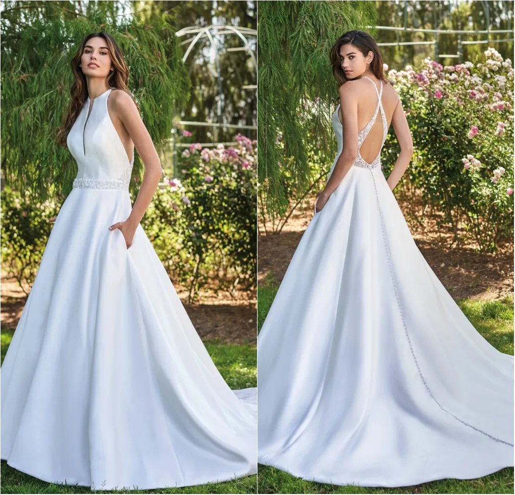 2020 Jasmine cetim de vestidos Linha do casamento gola alta sem mangas vestidos de noiva Simplesmente New Fashion Lace apliques Backless do vestido de casamento