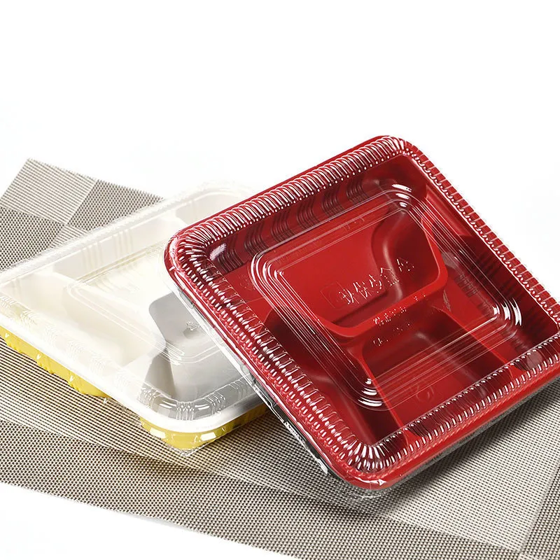 Disposable Ta ut behållare 4 Grid Plast PP Lunchkasse Snabbmat Förpackningsbehållare med lock