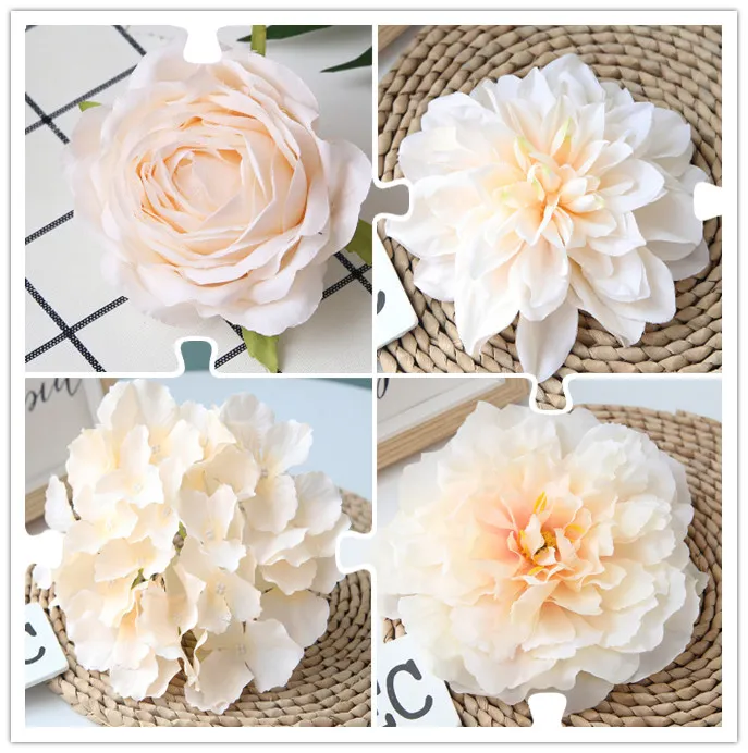 100pcs champagne Color Artificial Flower Head Wedding Rose Peony Hydrangea Bridal Bouquet Wedding Decoration DIY Home Party Fake Flowers