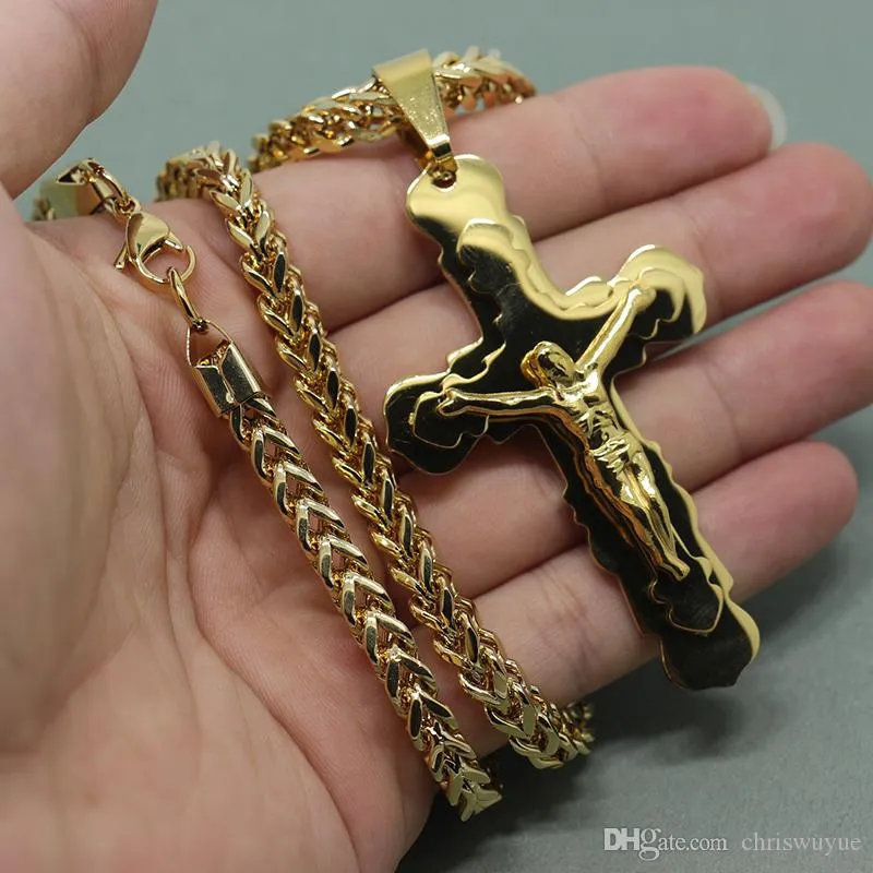 Aço Nova chegada de moda da cor do ouro Jesus Cristo Crucifixo Cruz inoxidável Pendant Colar 22" Cadeia para o homem