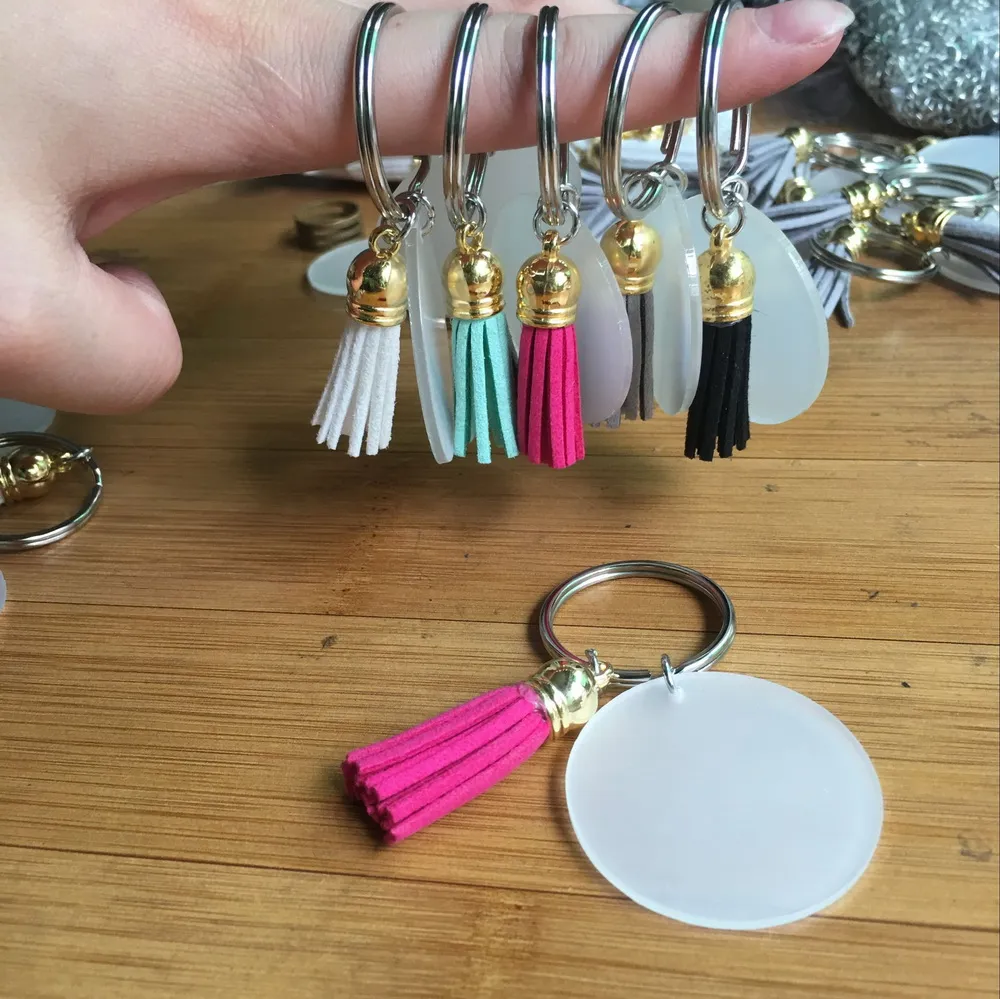 4cm Blank Disc with 3cm Suede Tassel Vinyl Keyring Lowest Multi Color Available Gold Silver Monogrammed Clear Acrylic Disc Tassel Keychain