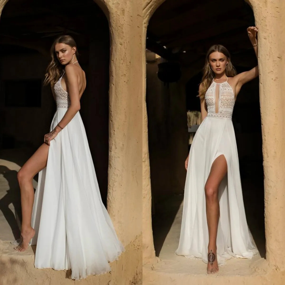 Asaf Dadush Boho Sexy Wedding Dresses Halter Neck Bohemian Lace Chiffon Split Wedding Dress A Line Beach Bridal Gowns Robe De Mariee