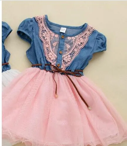 Vente en gros - Summer Korean Girls Denim Gaze Tutu Dress Girl Sweet Ruffle Dress avec ceinture à manches courtes Baby Kids Princess Dress