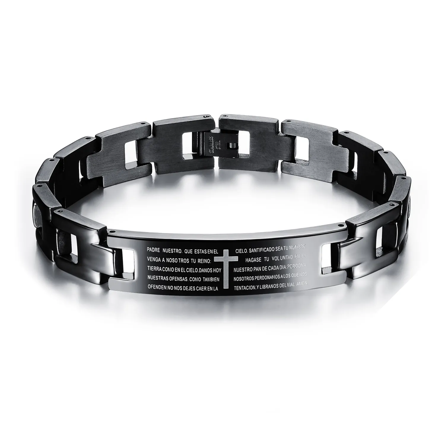 Pulseira masculina de corrente pesada de motociclista preto com cruz de oração do Senhor em aço inoxidável 240d