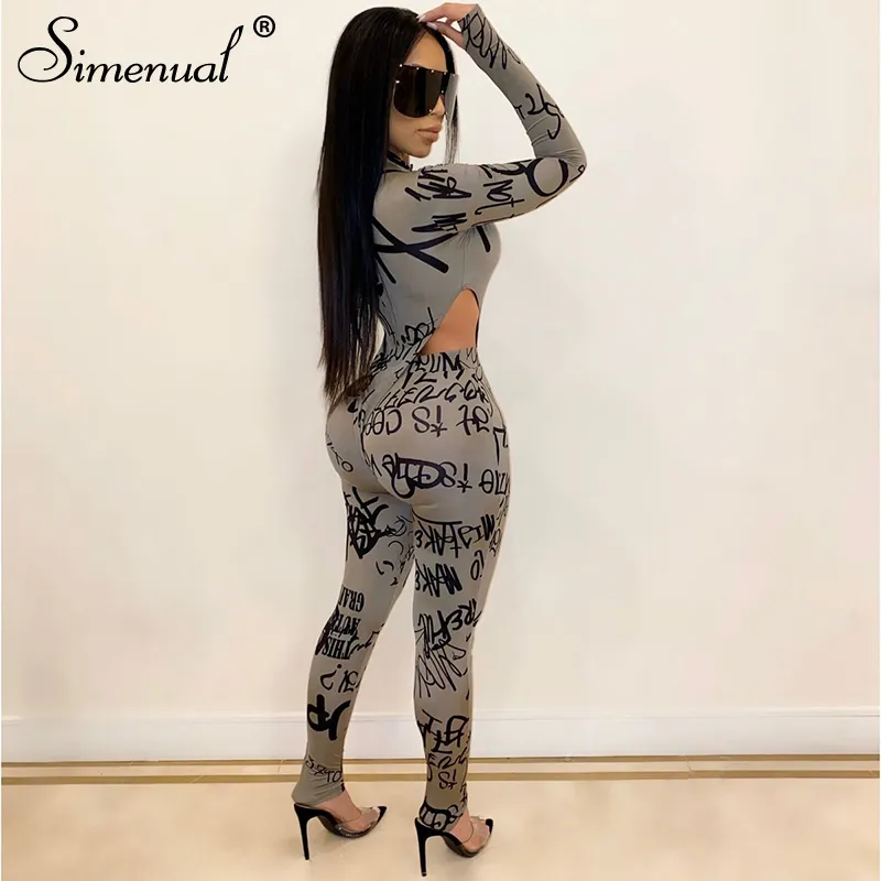 Simenual Set da donna skinny con stampa di lettere, completo a maniche lunghe, moda, sexy, in due pezzi, aderente, completo di body e pantaloni caldi