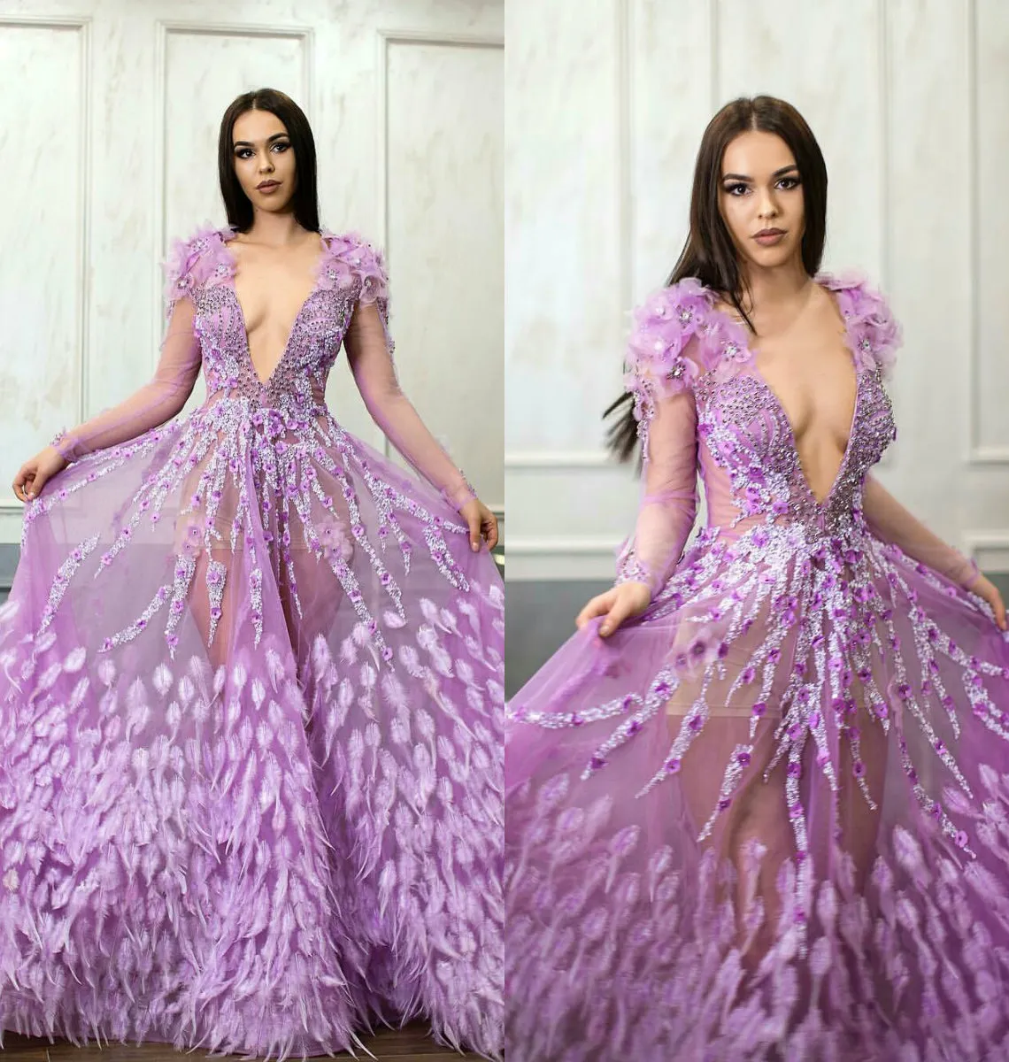 2019 Sheer Z Długim Rękawem Purpurowe Suknie Wieczorowe Głębokie V Neck Koronki Appliqued Koraliki Pióro Prom Dress A Line Custom Fairy Formal Party Suknie