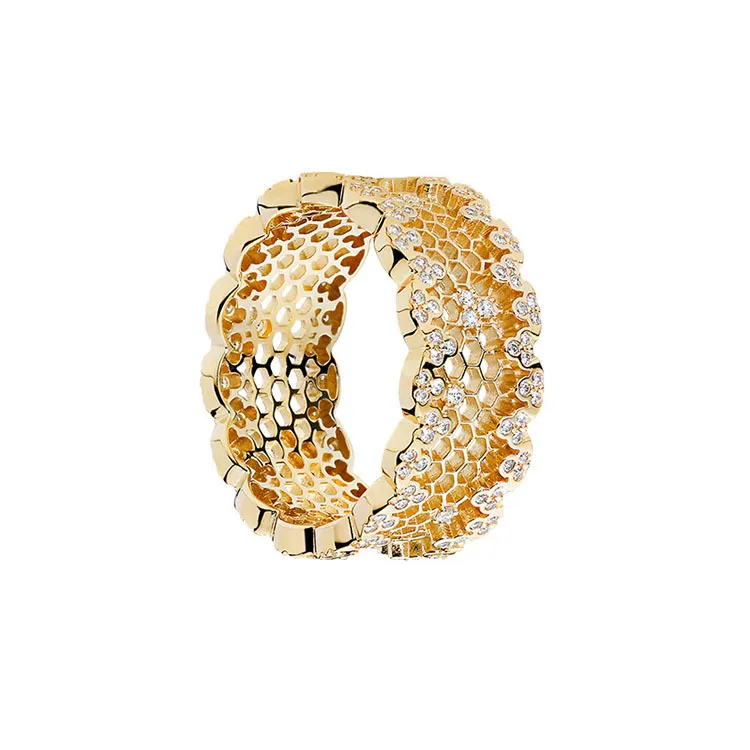 18K gult guld kvinnor bröllop CZ diamantring original box för Pandora 925 sterling silver honeycomb ringar set