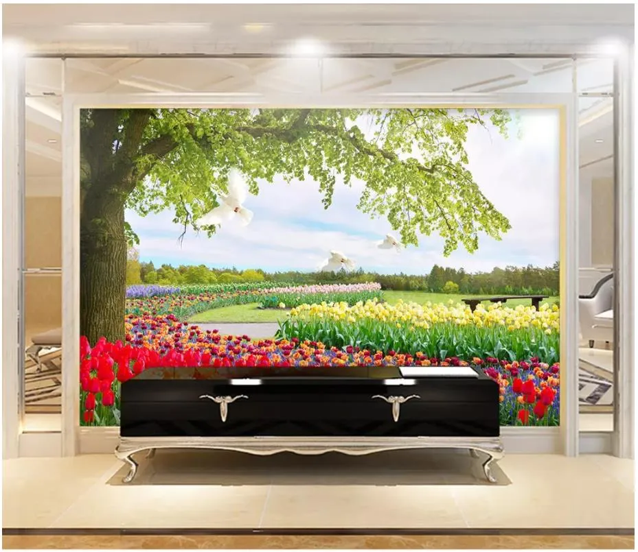 Carta da parati 3D foto carta da parati personalizzata 3d carta da parati Weimei Park Foresta Big Tree Tulip Flower Sea Living Room TV sfondo muro
