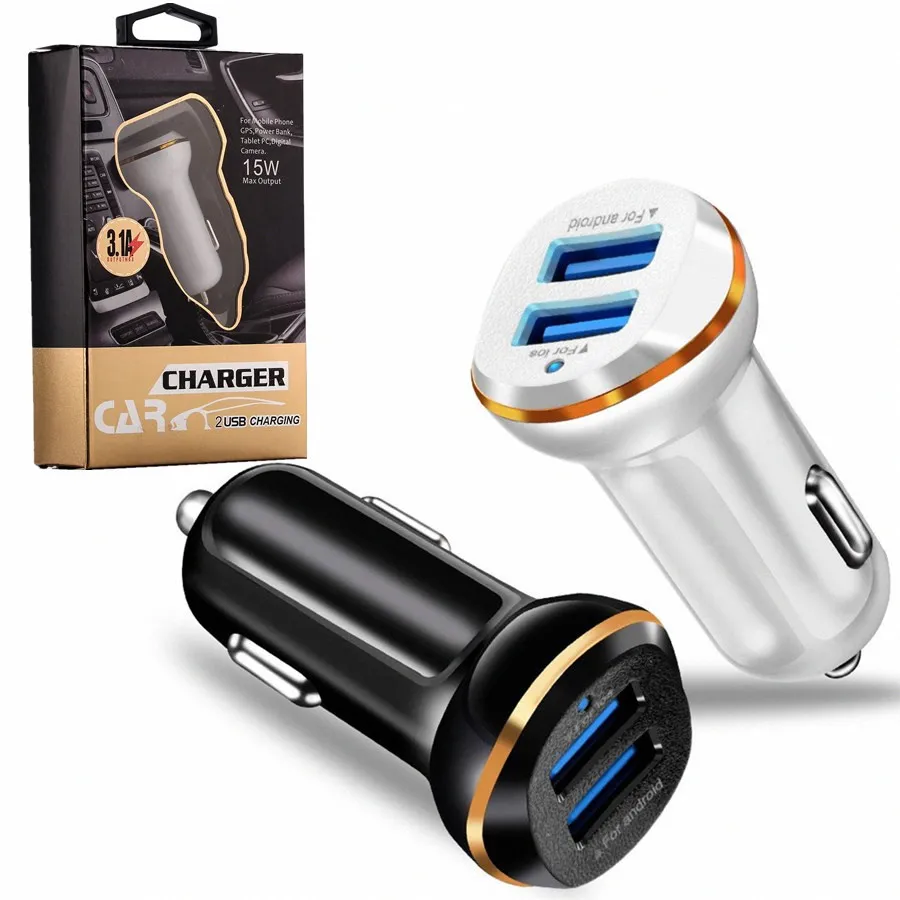 3.1A Dual Adaptador de potencia de cargador de automóvil USB para Samsung S8 S10 Nota 10 HTC Android Teléfono con caja minorista