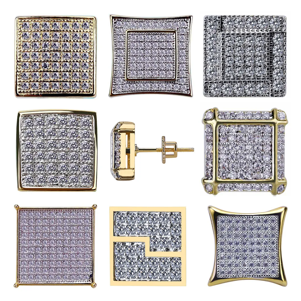 18K Gold Hip Hop CZ Zirkon Quadrat Ohrstecker 0,7-1,6cm für Männer und Frauen Geschenke Iced Out Diamant Ohrstecker Punk Rock Rapper Schmuck