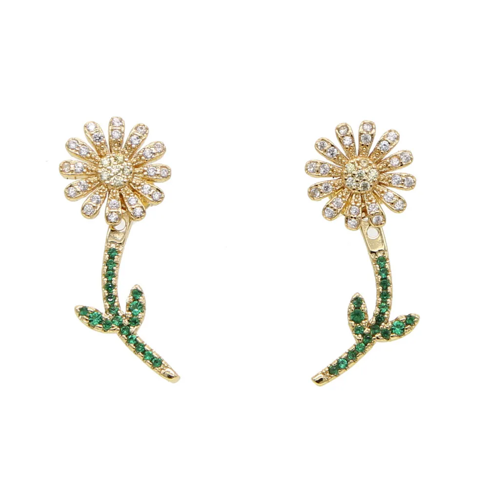 Neue kleine niedliche glänzende mehrfarbige gelb-grüne Sonnenblumen-Ohrstecker für Frauen, süße Mode, winzige grüne CZ-Ohr-elegante Schmuckstücke