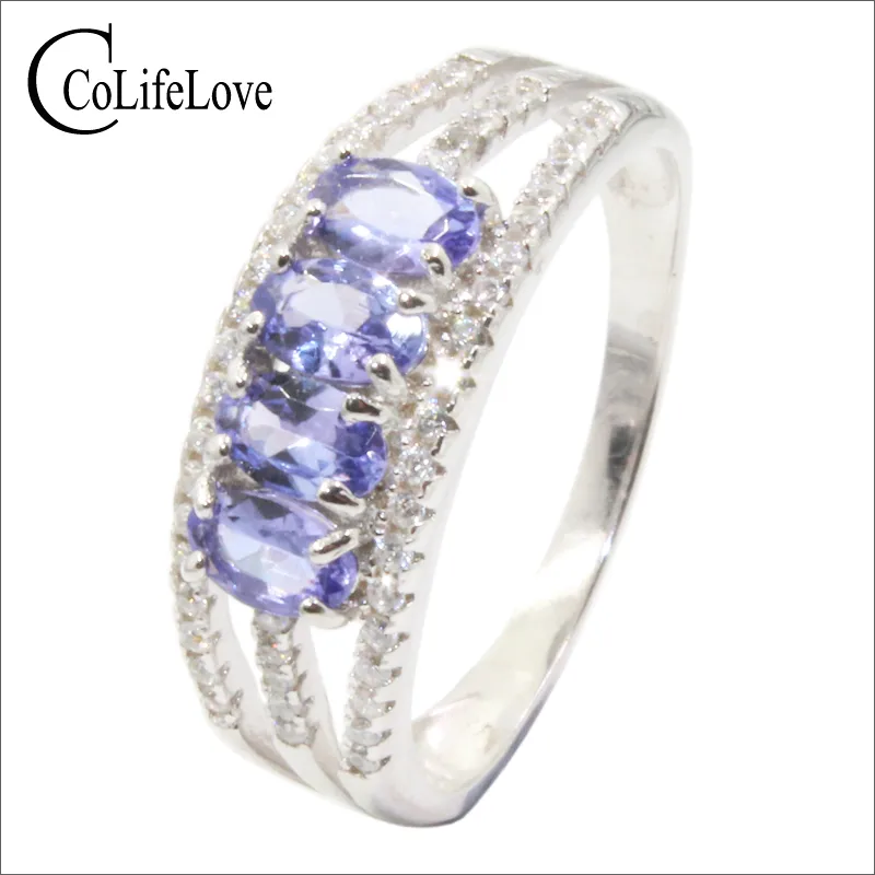 4 st Natural vs Grade Tanzanite Silverring 3 mm * 5 mm Oval Klipp Tanzanitring för Party Real 925 Silver Tanzanite Smycken