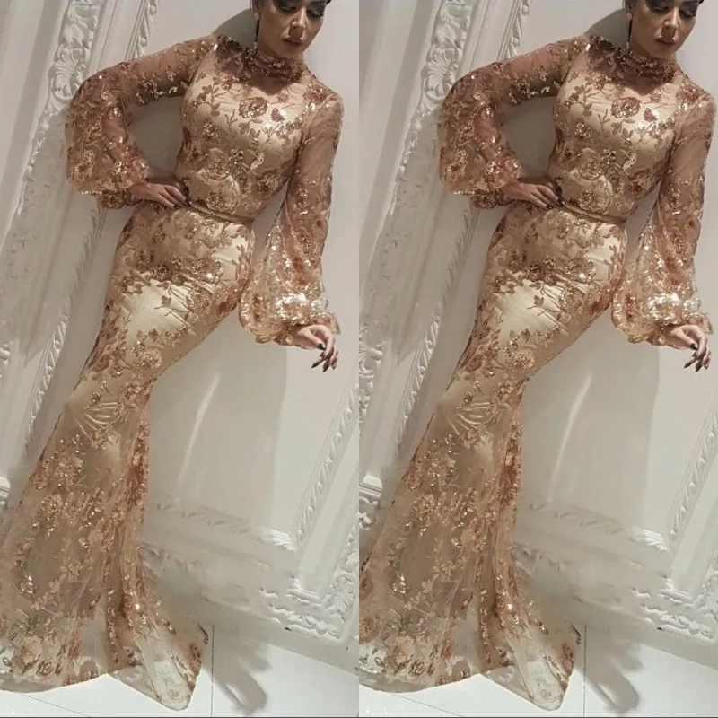 Champagne Arabic Memaid Evening Dress Sheath Gowns Long Sleeve Formal Pageant Prom Dresses Custom Made Es Es es