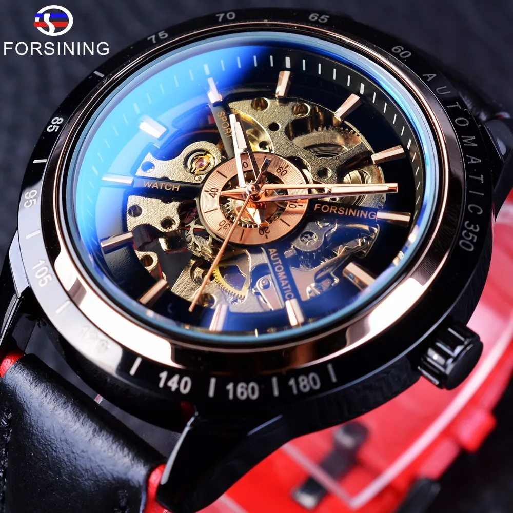 Forsining Racing Fashion Design Leather Transparant Case Men kijken topmerk luxe mechanische automatische herenpolhorloge