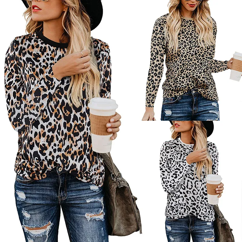 Woreda Womens tops em torno do pescoço manga comprida camisetas Senhoras de verão Tops de tricô Costura Leopardo Chiffon T-shirt Europeu estilo tops