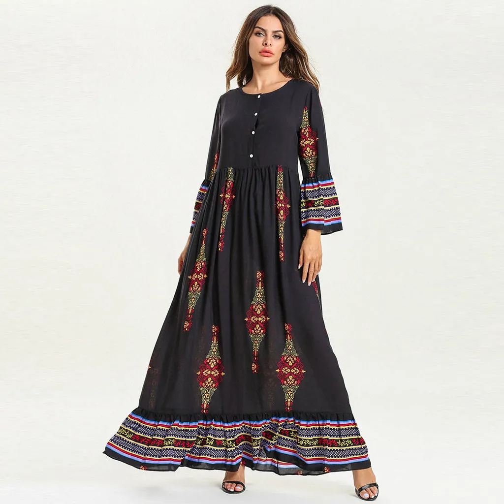Robes de grande taille pour femmes, vêtements ethniques, imprimé Floral, manches longues, ample, décontractée, pleine longueur, 275d