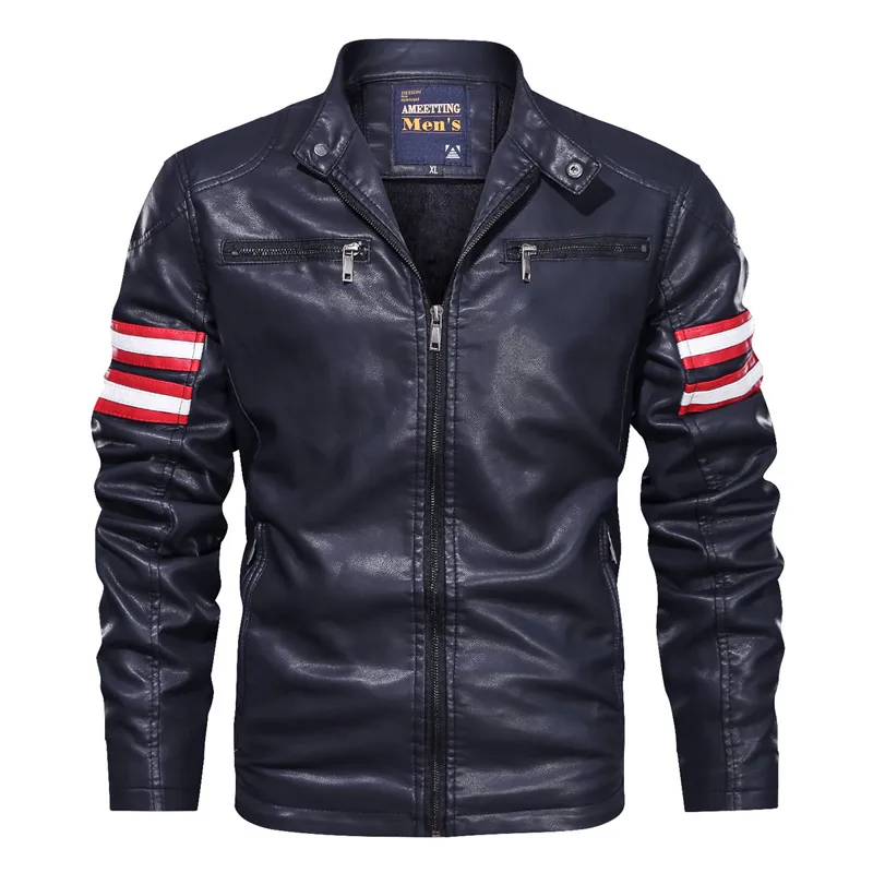 Mens Pu Leather Jackets Striped Letter Print Punk Motorcycle Biker