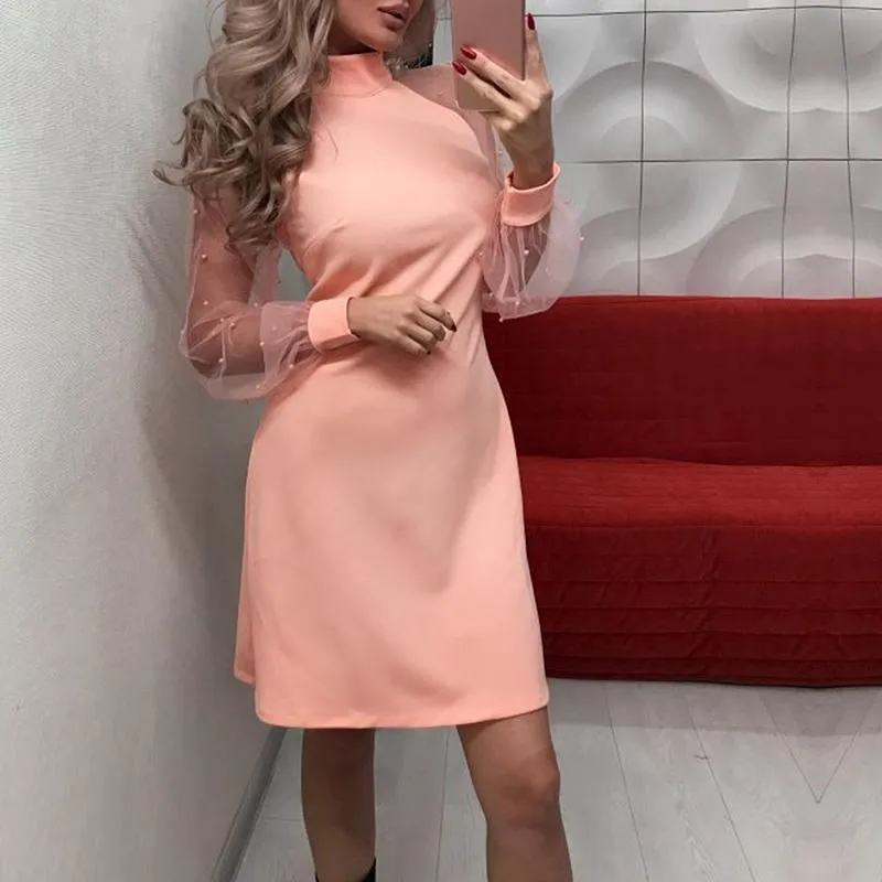 Kadınlar İnci Boncuk Mesh Fener Kol Tunik Elbise Şık Sonbahar Uzun Kollu A-Line Mini Parti Elbise 3 Renkler