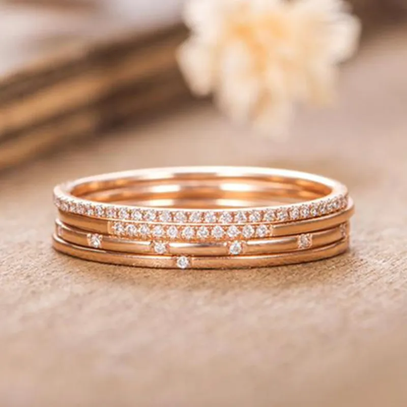 4шт изысканный укладка кольцо Кристалл тонкий набор колец Леди обручальное обручальное кольцо юбилей обязательство подарок 14K розовое золото ювелирные изделия размер 5-12