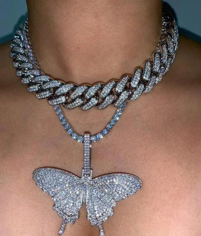 Collier avec pendentif papillon Animal, chaîne de Tennis glacée, or, argent, Zircon cubique, bijoux Hip hop Rock pour hommes et femmes