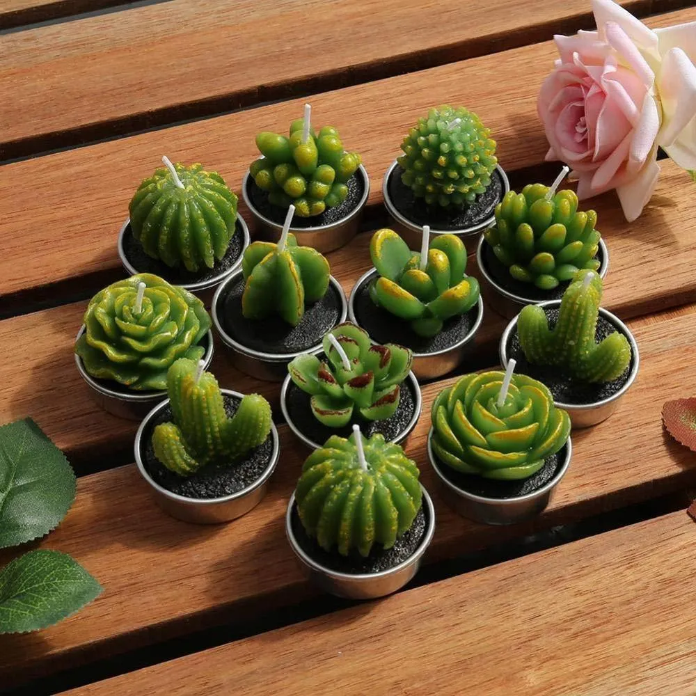 12pcs Cactus Candle Cute Mini Set Artificial Succulent Plants Candles Home Decoration Candle Tea Light Best Xmas Gift