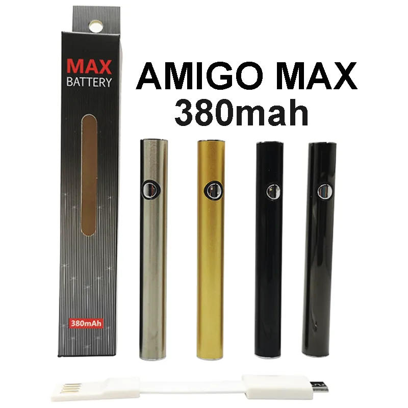 Amigo Max Vape Kalem Pil 380mAh Şarj Edilebilir Kartuşlar Önceden Piller USB Şarj Cihazı ile Ayarlanabilir Gerilim 510 Konu E-sigara Paketleme Kutusu