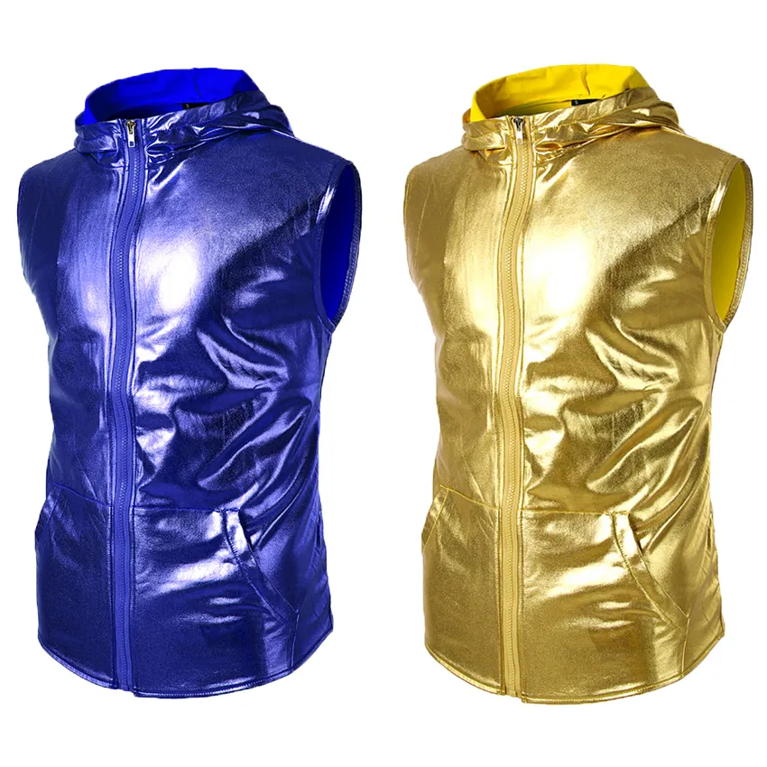 아프리카 스타일 나이트 클럽 착용 후드 자켓 조끼 민소매 지퍼 반짝이 슬림 피트 코트 단단한 금속 맨 무대 댄스 슈트