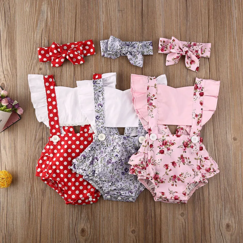 Neugeborenen Baby Mädchen Kleidung Polka Dot Print Blume Hülsenspielanzug Overall Stirnband 3 stücke Outfits Sunsuit Sommer Baby Mädchen Set