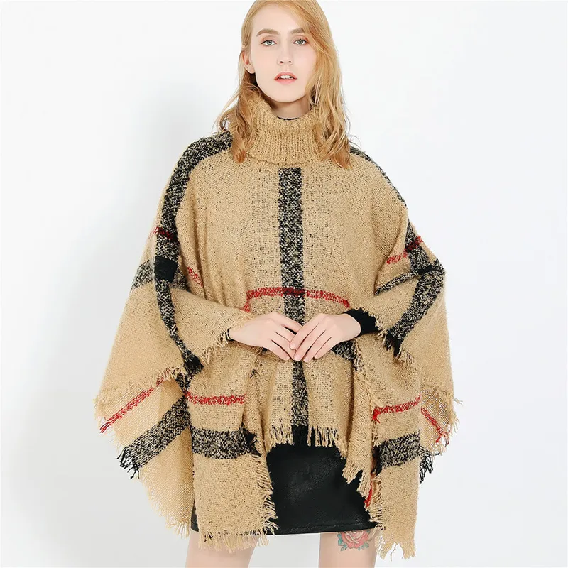 Kobiety Plaid Cloak Autumn Winter Shawl Wysoki kołnierz Swater Sweter Batwing Tassels Poncho for Girl Knitted Cape Otwear LJJA2978