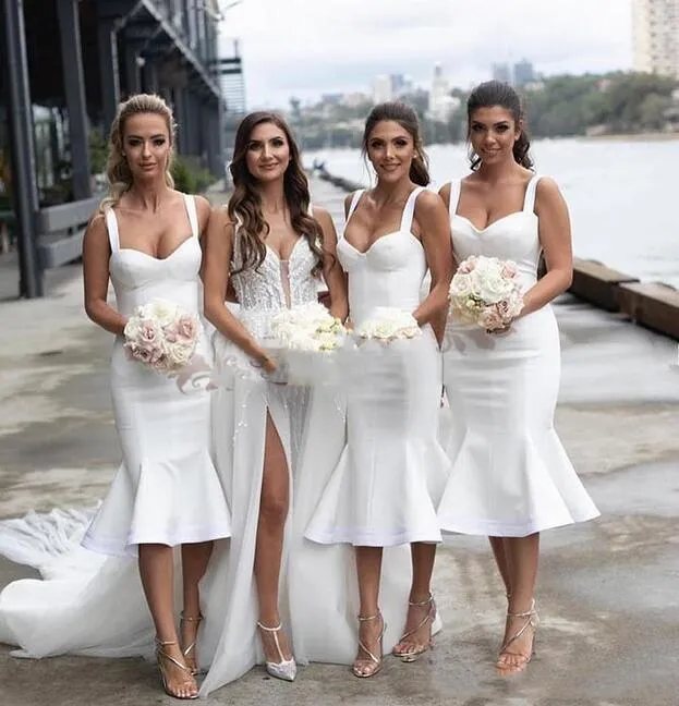 2020 élégantes robes de demoiselle d'honneur courtes en satin blanc robe de soirée plage robes d'invité de mariage robes de dama de honneur robes de bal