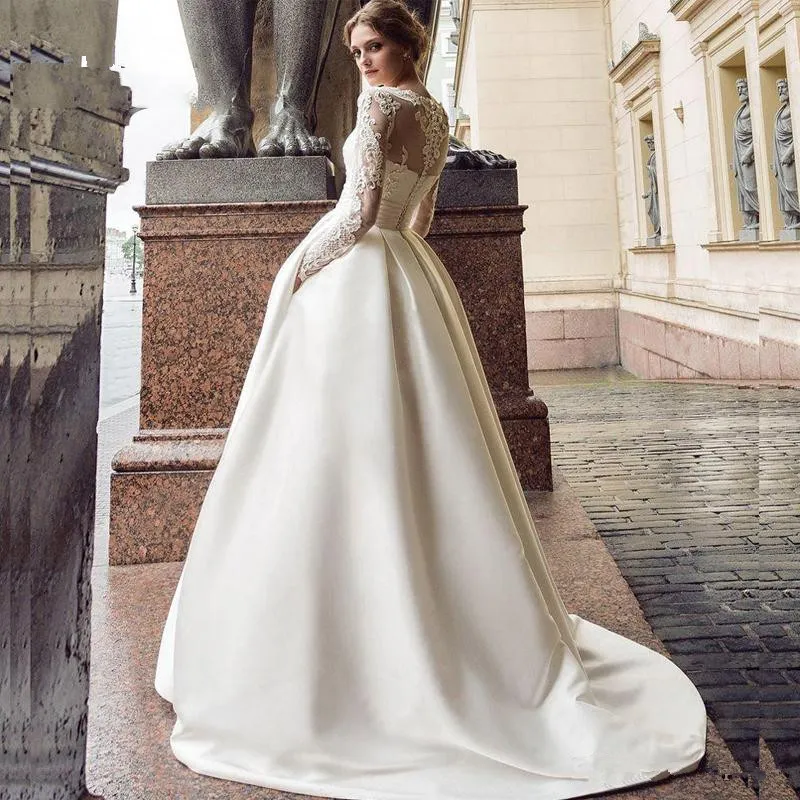 Modest långärmad bröllopsklänning 2020 Ny Scoop Satin Appliqued A-Line Bridal Gown med fickor Vestidos de Novia 13