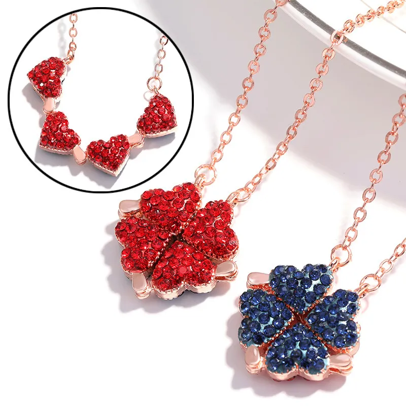 Mode vrouwen meisjes legering ketting creatieve rood blauw dubbelzijdig vier hart klaver hanger lucky gras sleutelbeen ketting kettingen