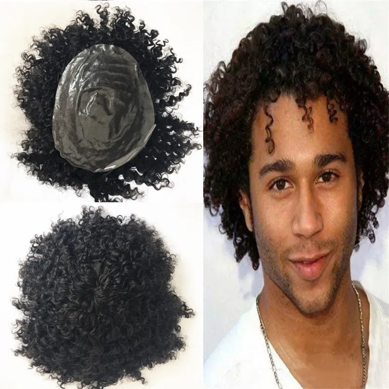 Ludzka fave Toupee Hairpiece dla mężczyzn Afro Curly Toupee Pełna Pu Męska Powacznia System wymiany Wysokiej Jakości Remy Hair Skin Men Peruka