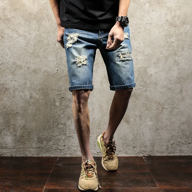 2017 Men's Knee Length Ripped Jeans Pants Summer Hole Denim Male Hip Hop Boys Classic Style Bermuda Shorts Pant Men