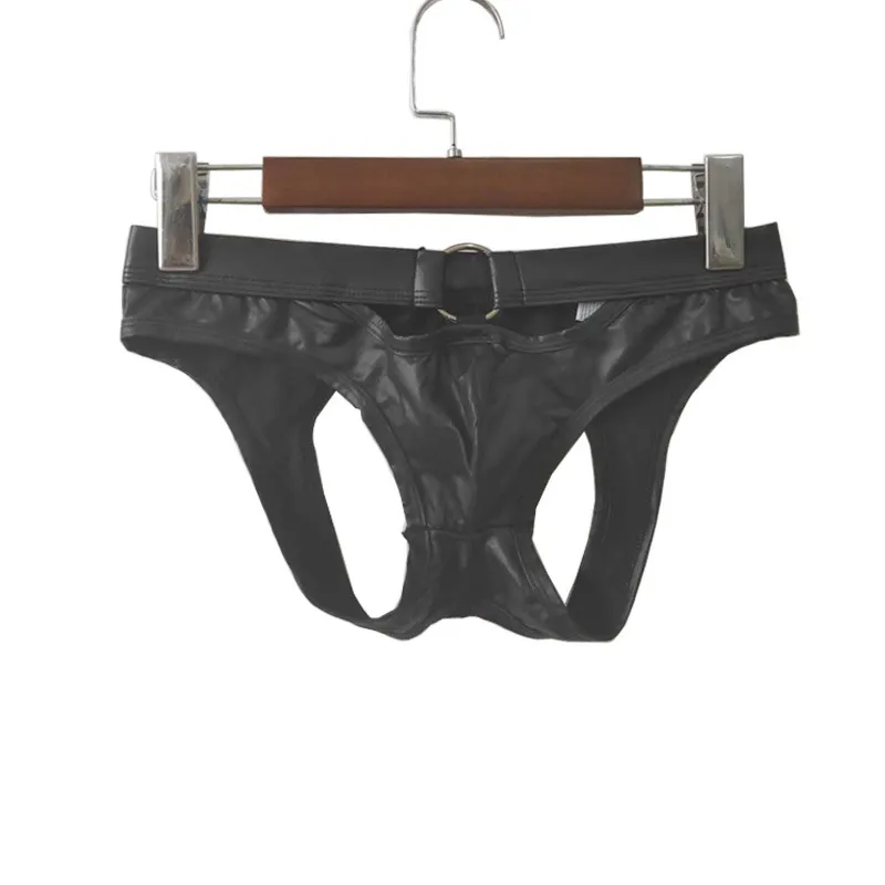 Backless Panties Faux Leather Boxer Briefs For Men - Cut Out With Bulge Pouch Clubwear Faux Leather Underwear