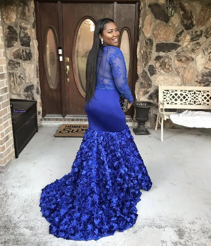 Royal Blue Mermaid Blue Floral Prom Dress With Beaded Lace