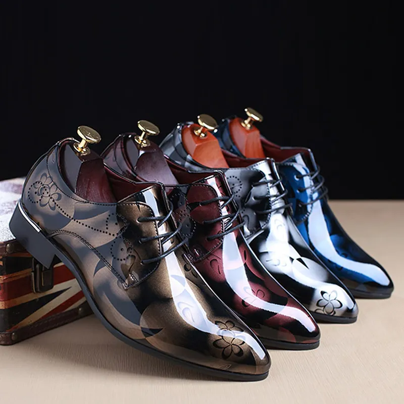 Bright Leather Men Dress Shoes Fashion Groom Wedding Shoes Flowers Print Pointed Toe Lace Up Men Business 38 48 2 417 DHgate